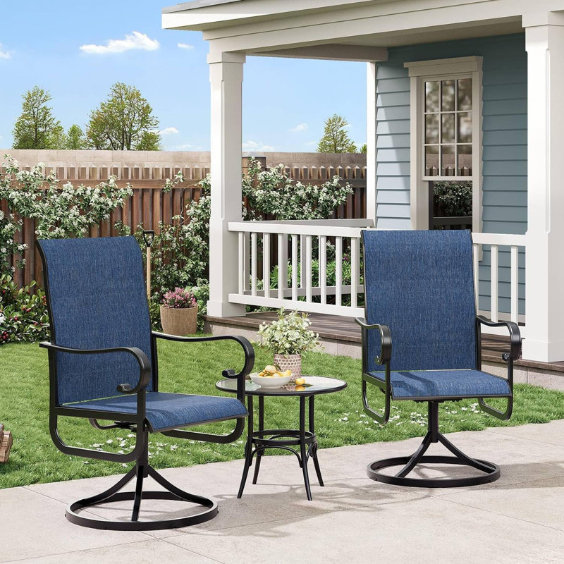 Set of 2 High Back Swivel Patio Dining Chairs – 360° Rocking, Ergonomic Weatherproof Navy Blue Textilene, Powder-Coated Steel Frame – Black Powder & Navy Blue Textilene