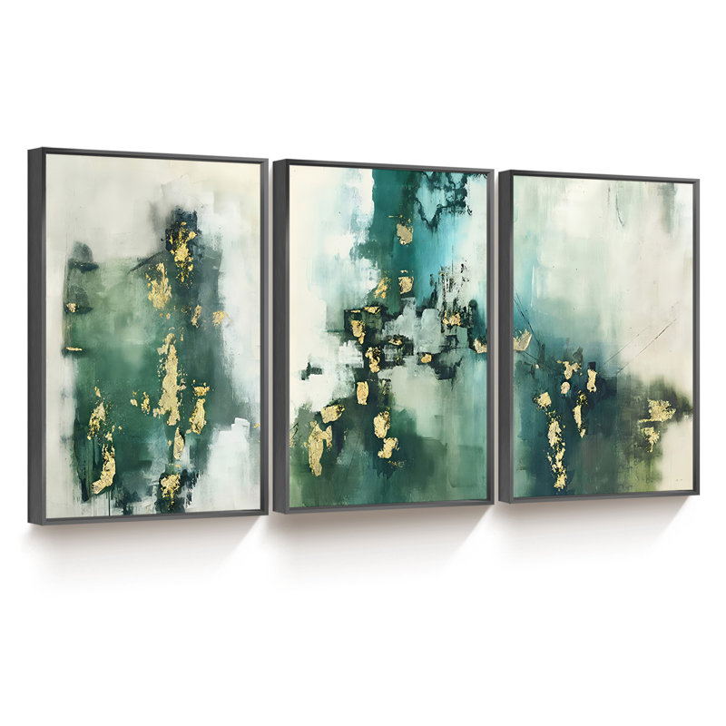 Abstrait - Peinture sur toile 3 pièces, Cadre noir, H 16 po x l 36 po x P 1,5 po