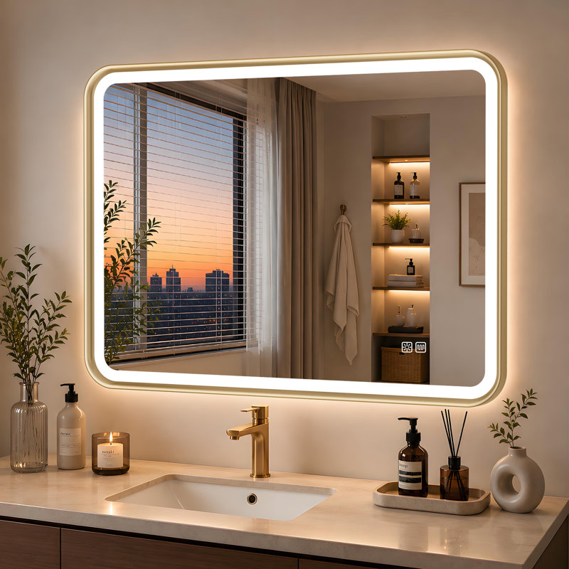 Harcrest Lighted Metal Framed Wall Mounted Bathroom in Gold, 60cm H x 80cm W