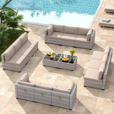  12 - Person Outdoor Wicker Patio Conversation Furniture Set with Cushions