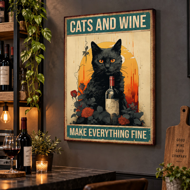 Art mural sur toile «Cats and Wine Make Fine» - Décoration de salon, de chambre à coucher ou de bureau, L 40 po x H 60 po