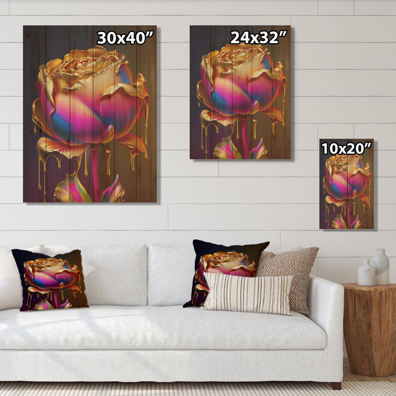 Baney Adir, pivoine arc-en-ciel liquide, gouttes d'or III - impression sans cadre sur bois, H 32 po x l 24 po x P 1 po