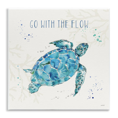 «Go with the Flow», citation, tortue, tortue, bleu, vert, aquarelle par Anne Tavoletti - impression