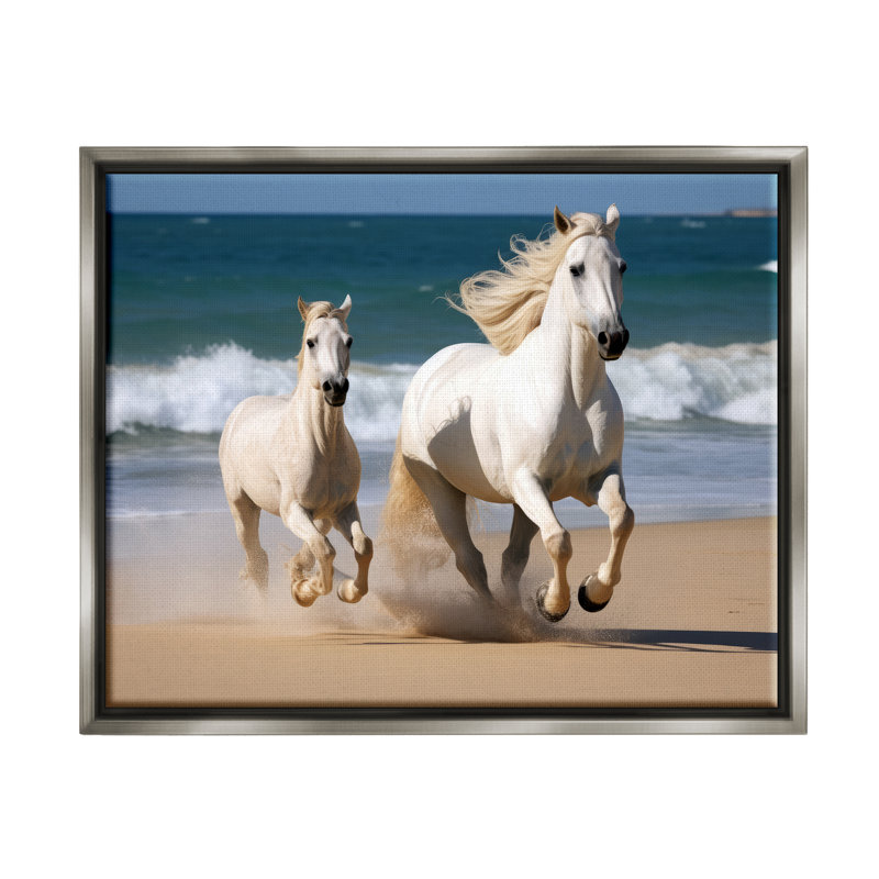 «Ba-554-Floater Trots Horses On Beach», reproduction encadrée sur toile par Ray Powers, Cadre flottant gris lustré