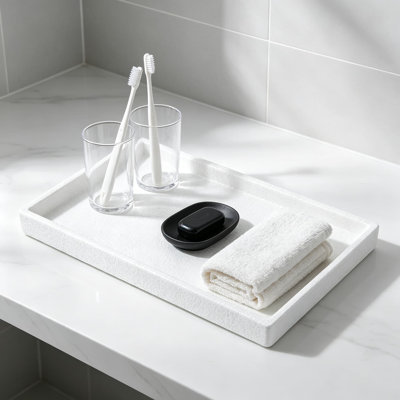 Ceramic Bathroom Vanity Tray for Countertop, Rectangular Organizer Tray for Toiletries, Jewelry, Perfume, and Skincare Products, Matte White Finish, Modern Farmhouse Decor
