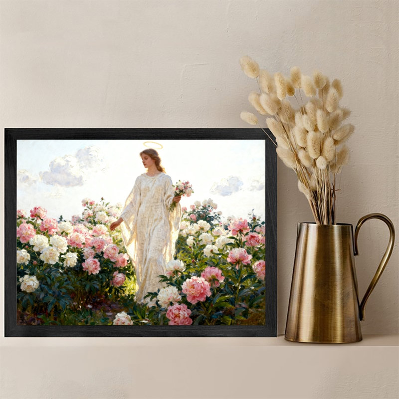 Reproduction d'art encadré noir avec anges dans la pivoine, H 25 po x l 37 po