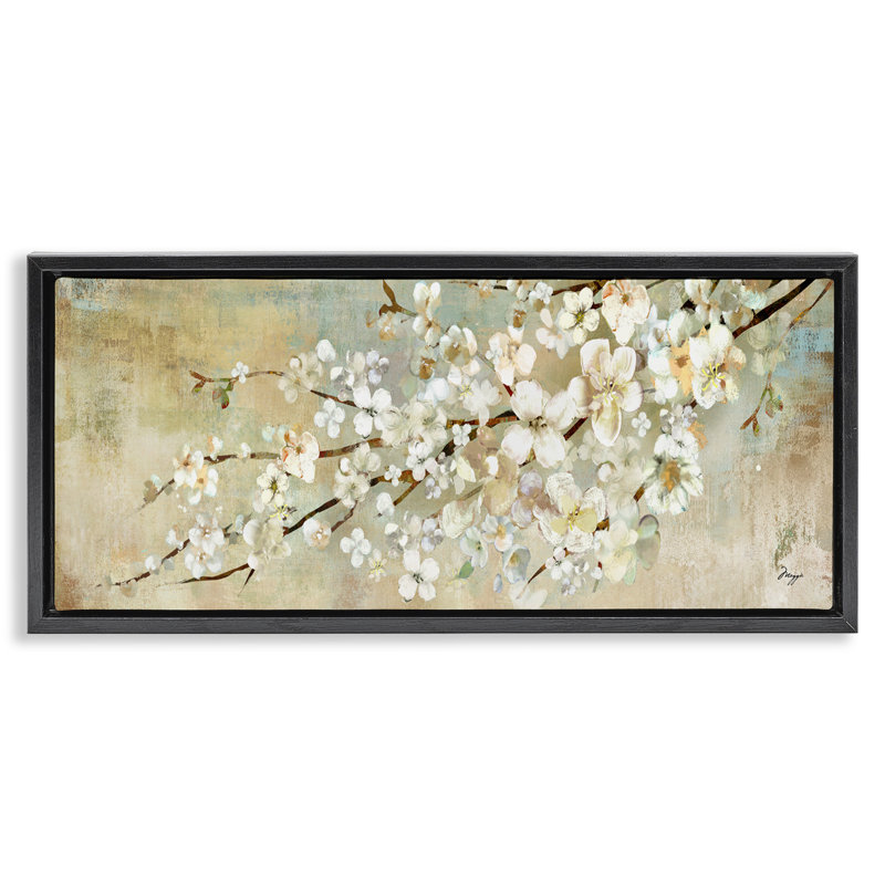 Peinture d'une branche d'arbre en fleurs, H 11 po x l 25 po, Cadre flottant noir de jais