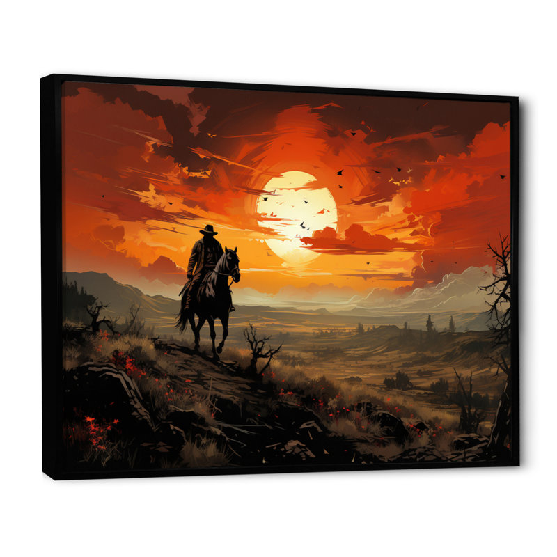 «Cowboy Riding Into The I», reproduction d'art sur toile, Cadre flottant noir, H 30 po x l 40 po