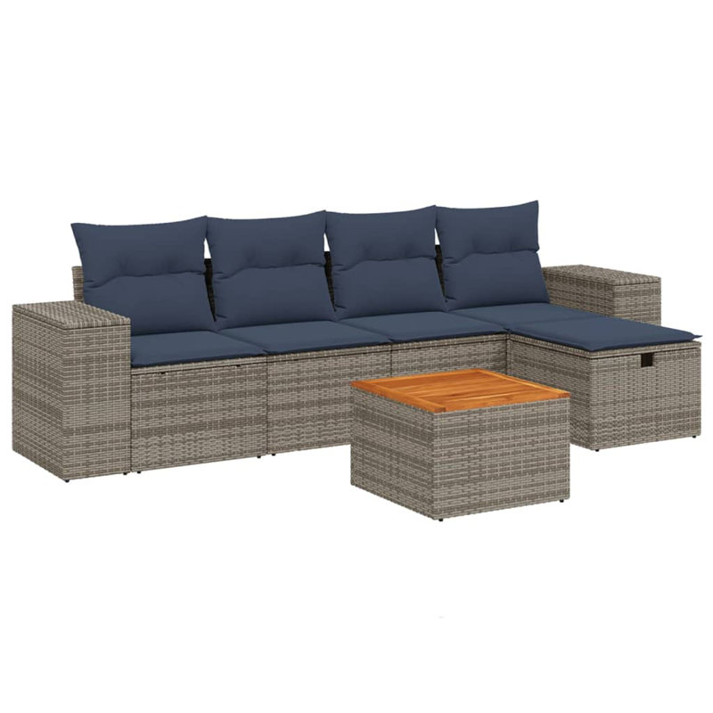  Ensemble de canapé de patio 6 pièces avec coussins en rotin de polyester noir, Gris, Marine