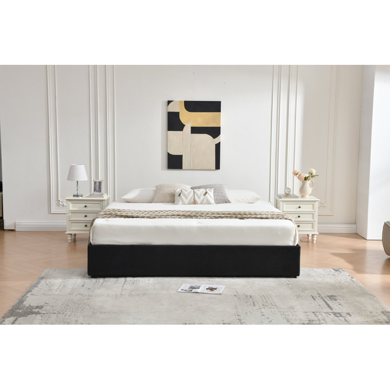 Lit plateforme avec rangement à 4 tiroirs Schernik, Beige, Grand lit