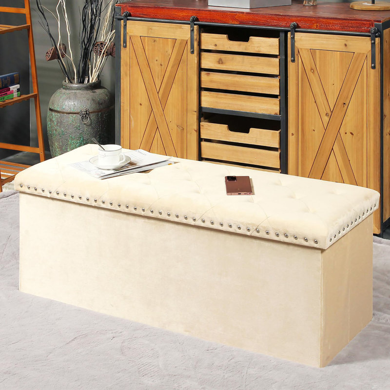 Banc de rangement avec repose-pieds pliant, Beige