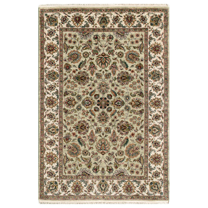 Tapis vert clair et ivoire noué à la main de haute qualité