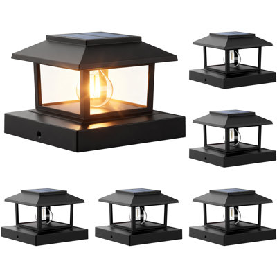 Paquet de 6 lumières de poteau solaire noires pour l'extérieur, lumière chaude avec DEL Edison, convient pour une clôture de 4 x 4, 5 x 5, 6 x 6, lumières solaires de poteau imperméables pour le jardin, la cour, la terrasse et le patio