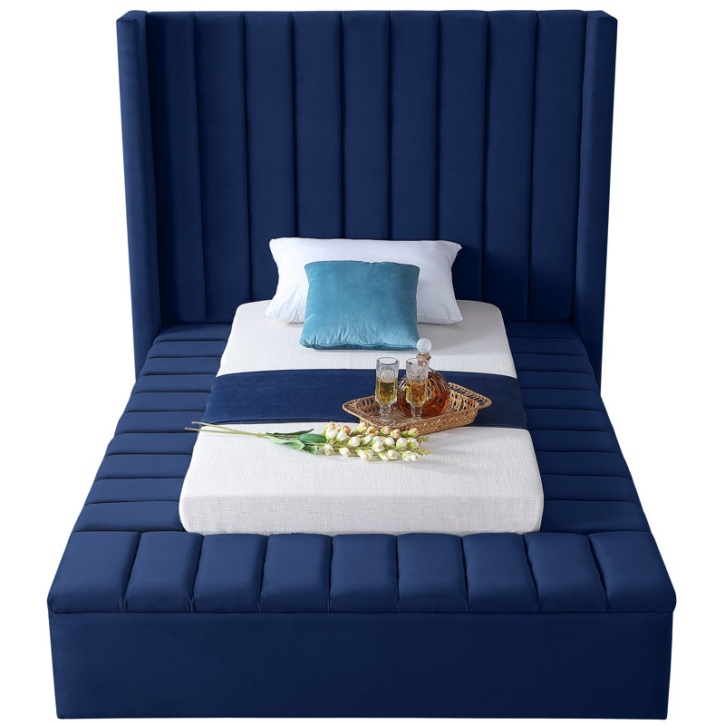 Rick Upholstered Wingback Bed, Twin, Navy Velvet