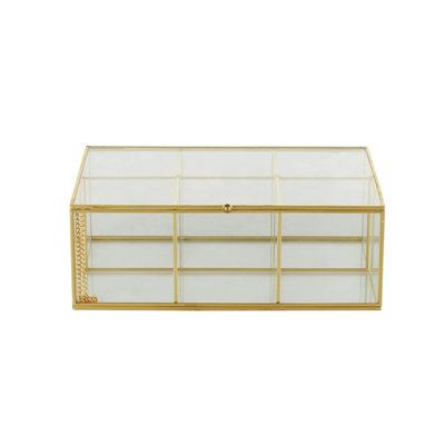 Boîte à bijoux en verre transparente à 6 fentes avec cadre en métal doré et chaîne