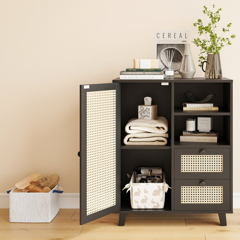 Buffet en rotin avec tablette réglable, buffet avec tiroirs pour le salon, la cuisine, le vestibule, Black