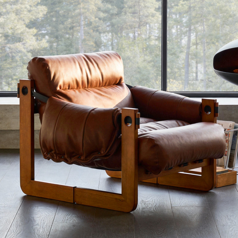 Mid-Century Single Armchair in Brown Leather, 95cm with Cushioned Armrests and Solid Wood Base Fast Dispatch From UK Warehouse – Dispatched Within 2 Days