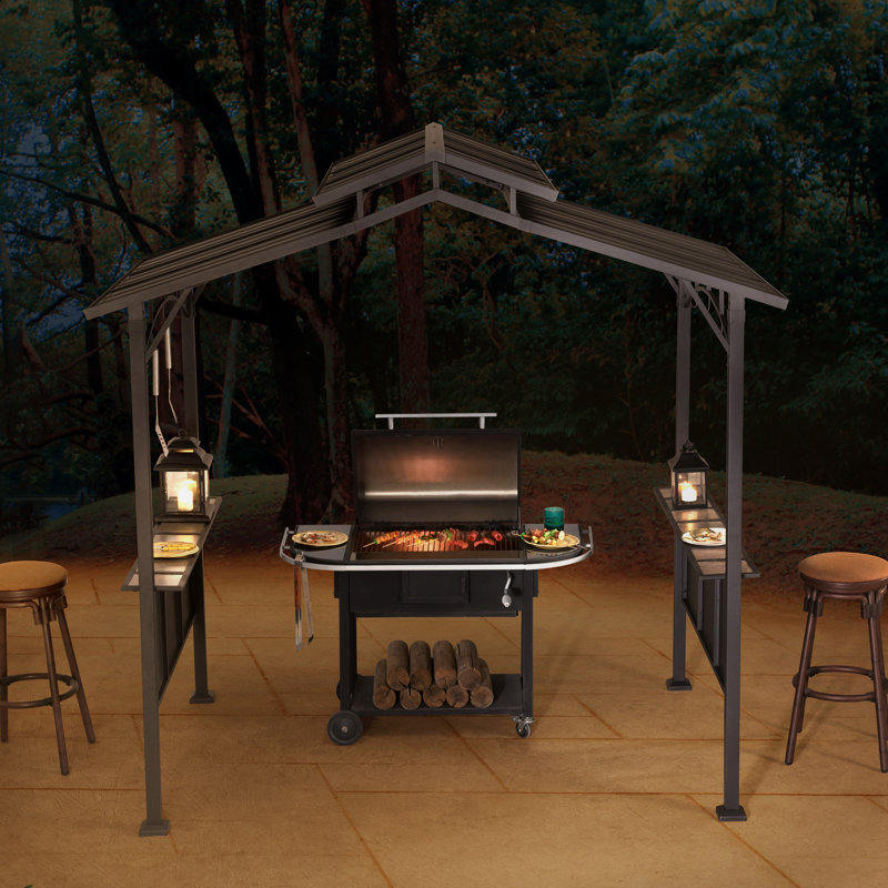Sunjoy Kent Grill Gazebo  8 ft. x 5 ft. Brown Steel Frame Double Tiered Hardtop Gazebo with Hook