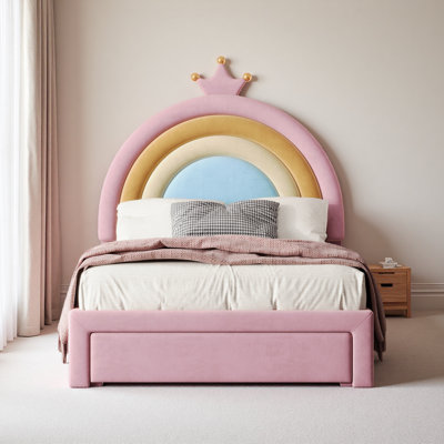 Upholstered Rainbow Design Bed, Velvet Princess Platform Bed With Storage Drawer