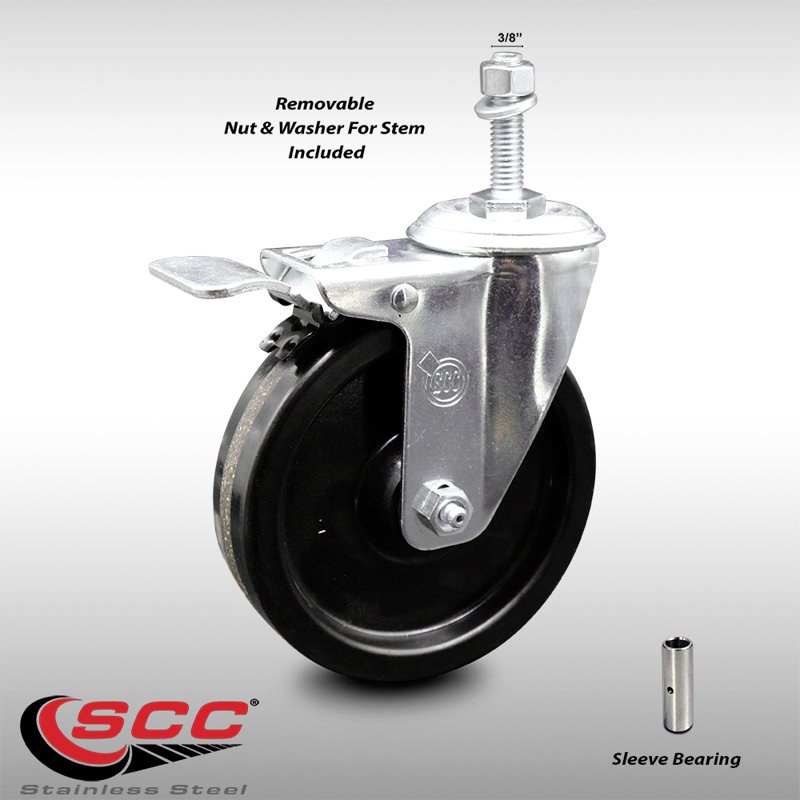 Roulettes à tige filetée en acier inoxydable de 5 po à 3/8 po avec frein Total Lock SCC