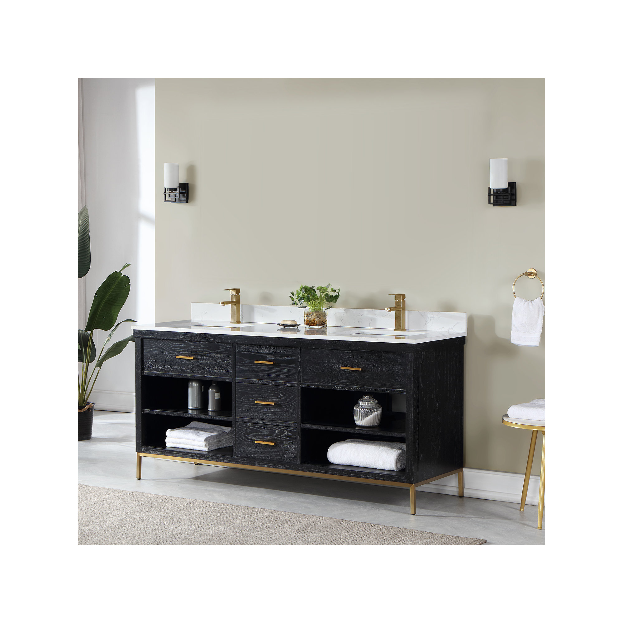 Adaire 72'' Double Bathroom Vanity, Black, Gold