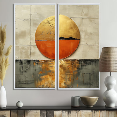 Coucher de soleil japonais doré sur lac - grand art mural japonais 2 pièces