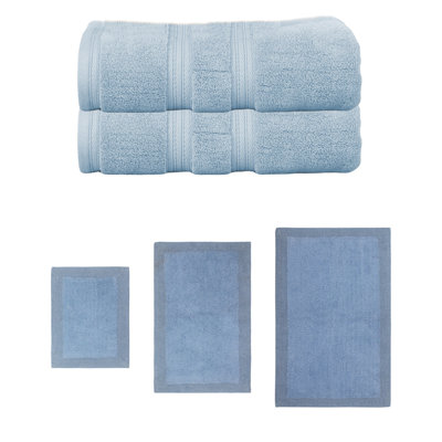 Buariki Collection 100% Soft Cotton 2 Pc Bath Towel Set & 3 Pc Bath Rug Set, (Set of 5) Reversible