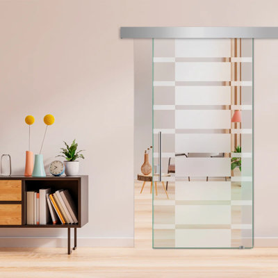 Porte de grange coulissante en verre sans cadre avec design moderne givré + ensemble de quincaillerie (semi-privée)