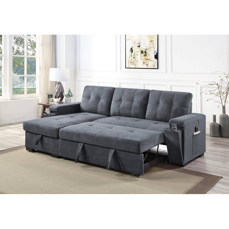 95"W Gray Woven Fabric Reversible Sleeper Sectional Sofa With Storage Chaise Cup Holder Charging Ports And Pockets
