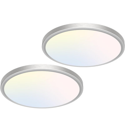 12 Inch Flush Mount LED Ceiling Light Fixture, 3000K 4000K 6500K Adjustable, 28W 3200Lm Brushed Nickel Satin Round Ceiling Lamp For Bathroom Hallway Kitchen Bedroom, 2 Pack