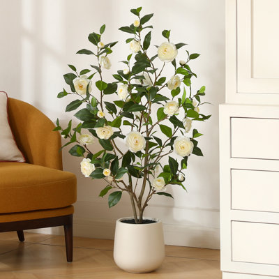 Adcock 4ft Artificial Camellia Tree with 9 inch White Planter, Tall Fake Camellia Trees with Flowers