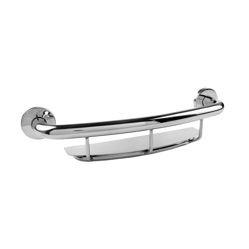 Polished stainless steel grab bar with shelf