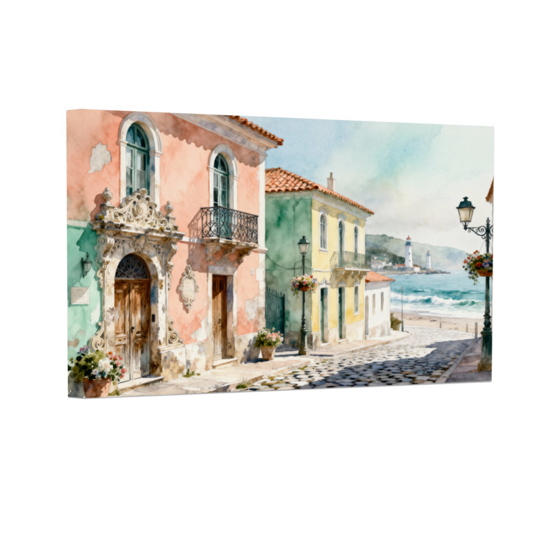 Scène d'aquarelle de village côtier, H 12 po x l 18 po
