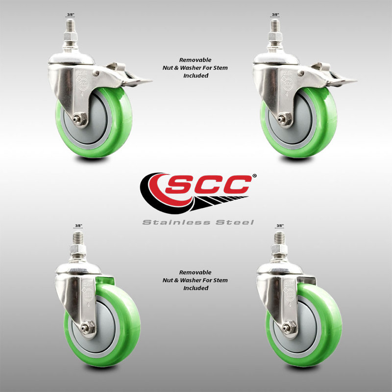 Ensemble de 4 roulettes à tige filetée en polyuréthane vert de 3/8 pouce à 4 verrous 4 pouces