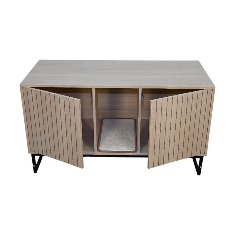Maison pour chat moderne, 46,89 po x 21,26 po, 26,39 po, 76,4 lb, avec tapis à griffes, convient aux grands espaces intérieurs, panneau de particules et profondeur de la maison, résiste au jeu actif, brun