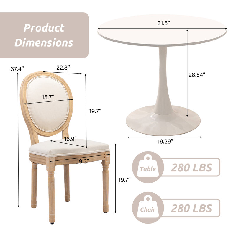 Ensemble de table de salle à manger ronde 31,5 "et 2 chaises à dossier rond, Beige, Blanc