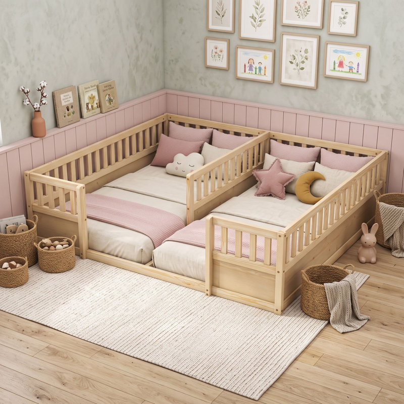 Lit double simple avec plancher en bois et barrières de sécurité, Naturel