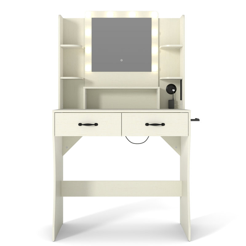Vanity Set with LED Mirror & Built-In Outlet, Makeup Vanity Desk with Display Shelf And 2 Drawers