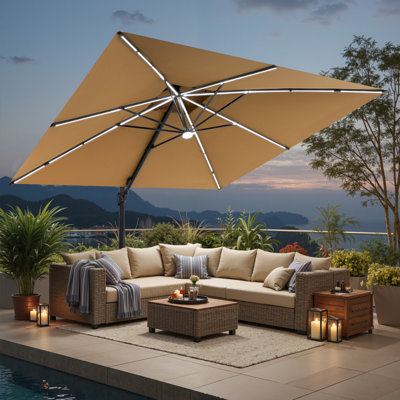 Solar Led Light Cantilever Patio Umbrella With Easy-move Base | One-person Mobility