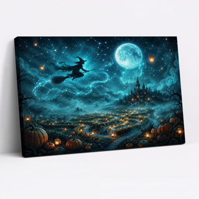 Witch Flying Over Pumpkin Patch Castle Under Moon Halloween Canvas Wall Art