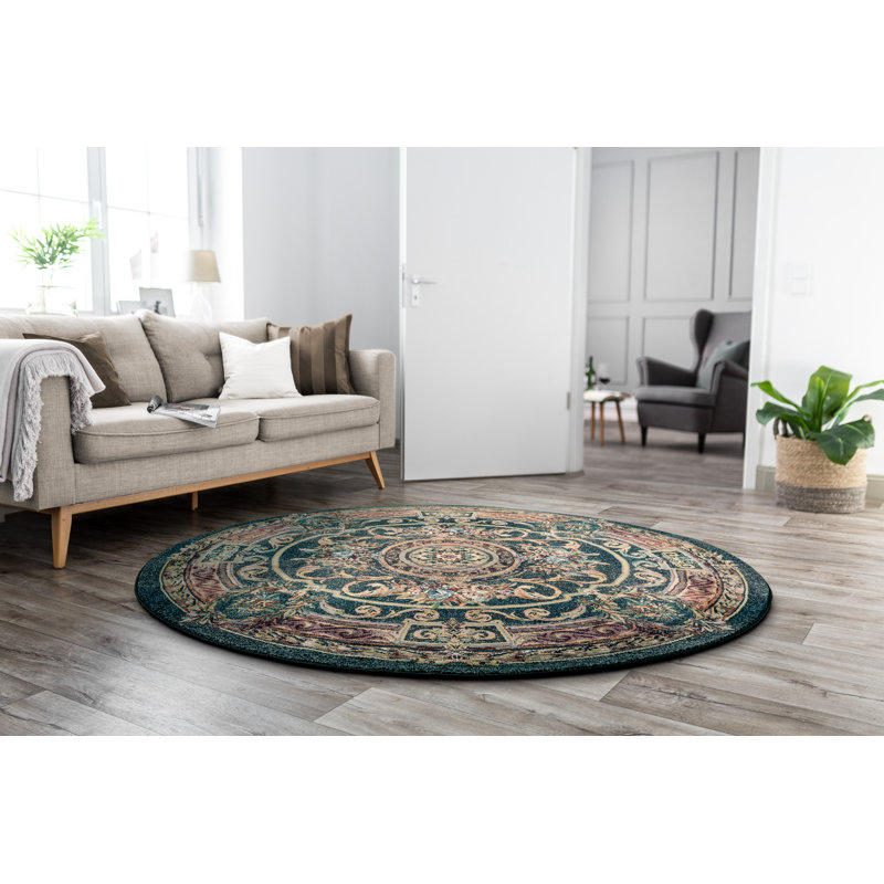 Oriental short pile carpet Gabiro in green with a floral pattern, Round 240cm