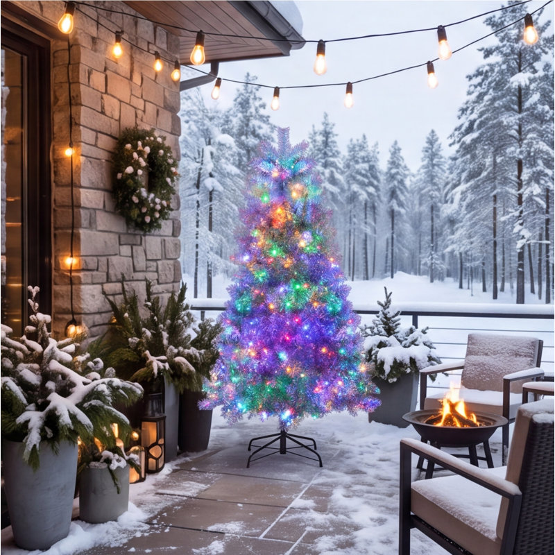 Arbre de Noël artificiel pré-éclairé argenté 6 pi, articulé avec 800 pointes, 300 lumières DEL, 11 modes, base en métal, décoration de Noël intérieure / extérieure