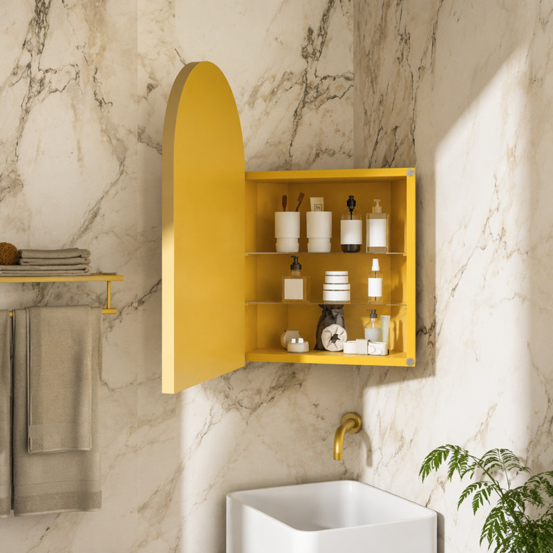 Pharmacie d'angle en métal 18 po avec miroir arqué 18 po x 24 po, tablettes réglables en verre, rangement pour salle de bain compact pour petits espaces, or mat