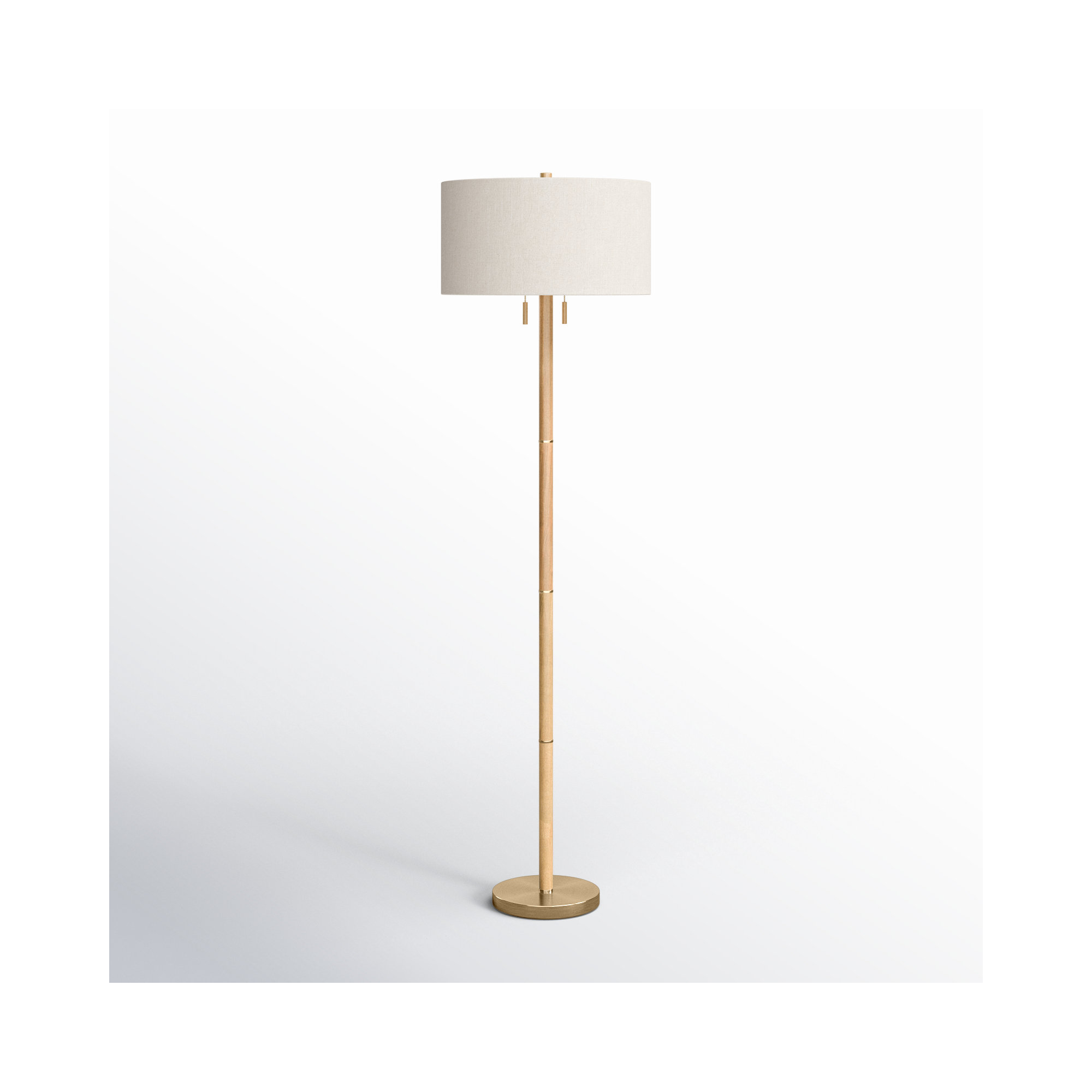 Geno 66.25'' Solid Wood Floor Lamp, Natural/Antique Brass, Off-White