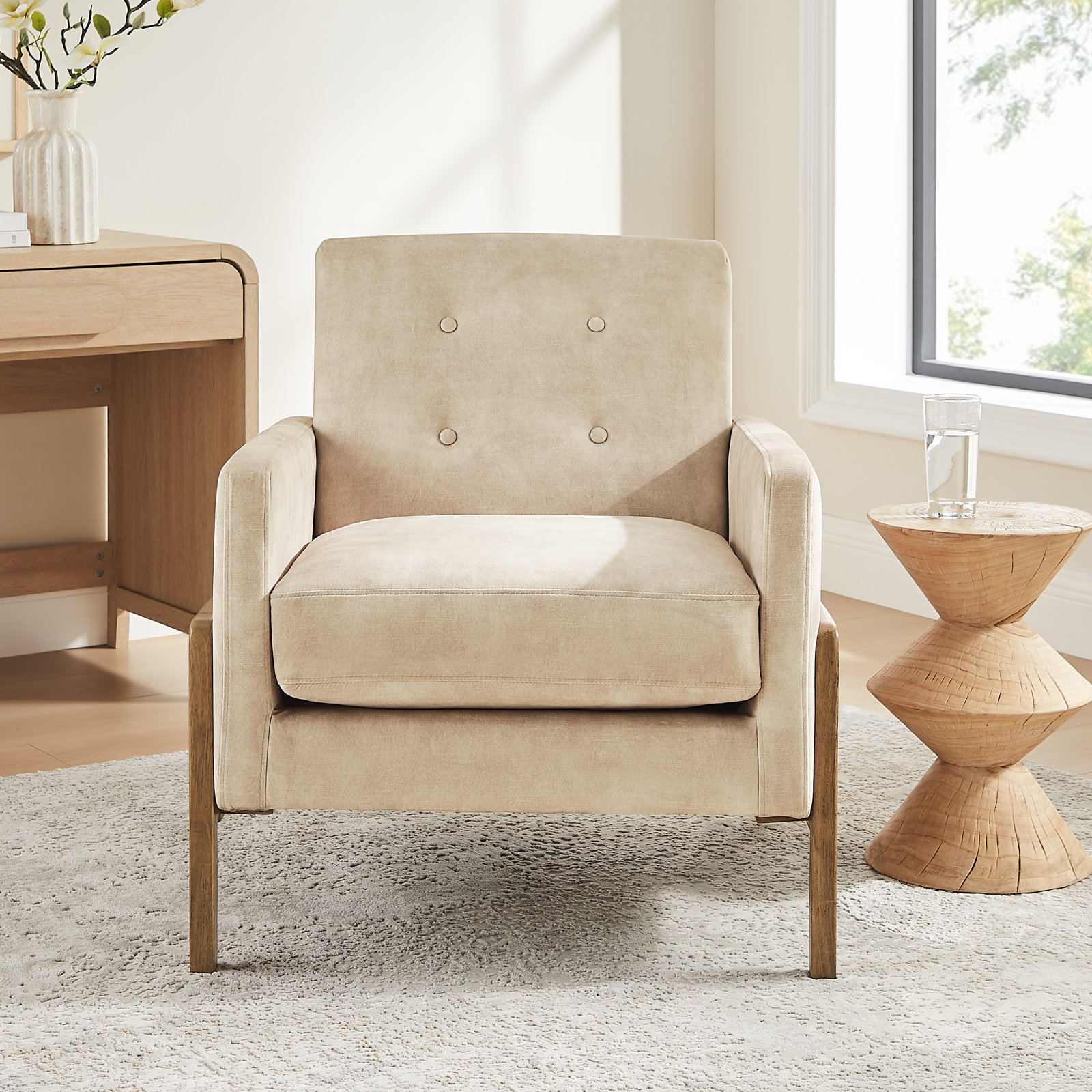 Enni Macon Wood Arm Tufted Back Accent Chair, Sand