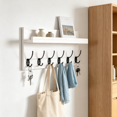Porte-manteau mural de style campagnard avec étagère, organisateur d'entrée rustique en bois avec crochets robustes pour vestes, serviettes et objets de décoration