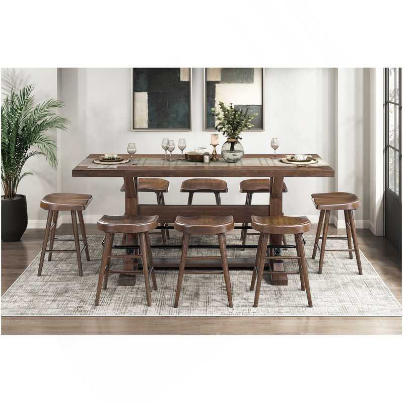 Ensemble de table de salle à manger à hauteur de comptoir de 9 pièces avec repose-pieds en métal brun et 8 tabourets