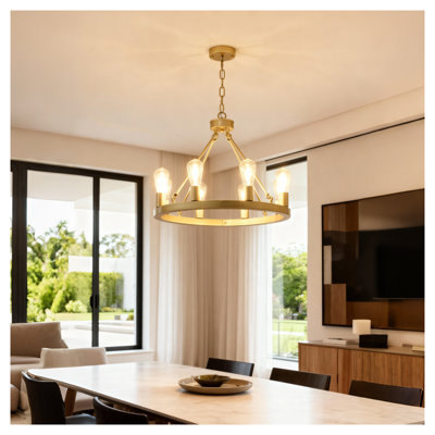 Lustre en roue de chariot à 8 lumières dorées, lustre en fer de style campagnard industriel rétro avec hauteur réglable pour îlot de cuisine de salle à manger (ampoules non incluses)