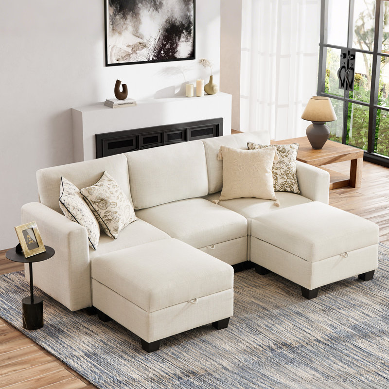 Canapé modulaire rembourré 5 pièces Ilyes, Lin gris pâle