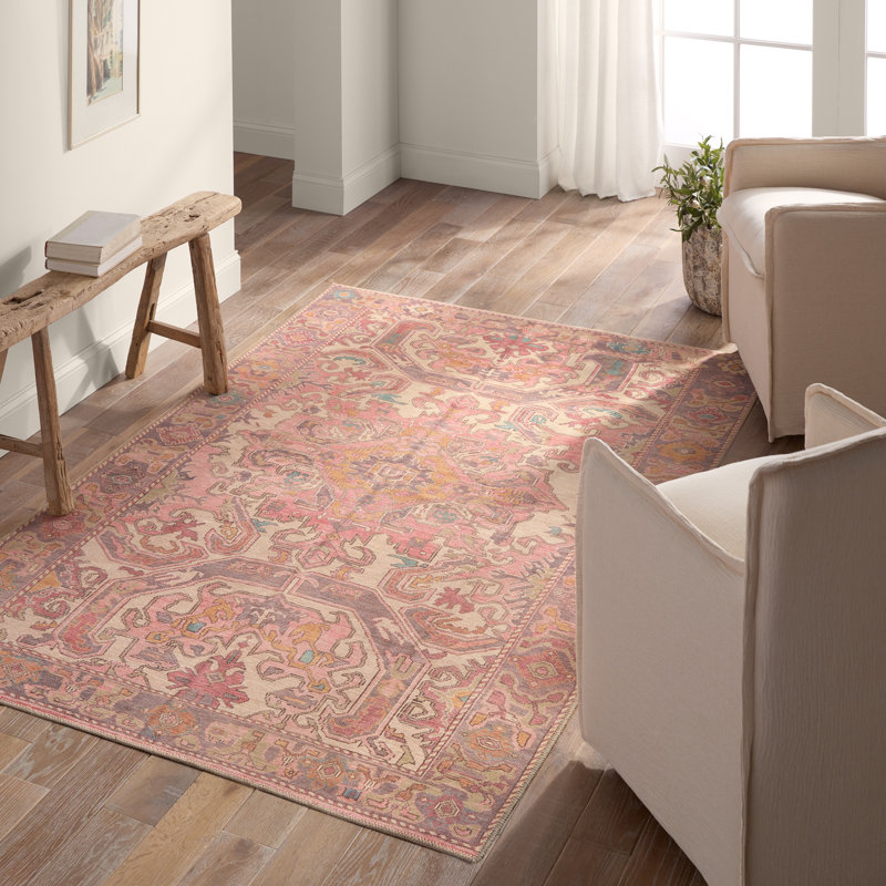 Tapis oriental rose en polyester tissé à la machine Framboise, Rectangle de 5 pi x 8 pi